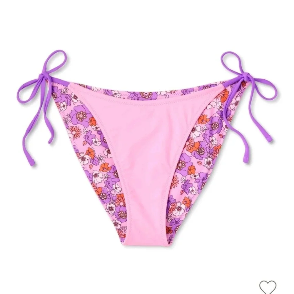 Wild Fable Reversible Floral Bikini Set XS Purple Pink Triangle Top Tie Bottoms